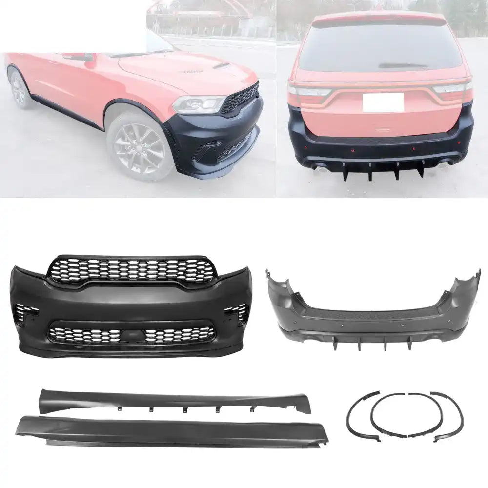 2021-2025 Dodge Durango Hellcat Style Front Rear Bumper W/V1 Diffuser Front Bumper Cover, Rear Bumper Cover, Side