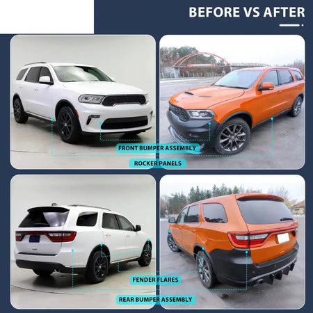 2021-2025 Dodge Durango Hellcat Style Front Rear Bumper W/V1 Diffuser Front Bumper Cover, Rear Bumper Cover, Side