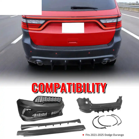 2021-2025 Dodge Durango Hellcat Style Front Rear Bumper W/V1 Diffuser Front Bumper Cover, Rear Bumper Cover, Side