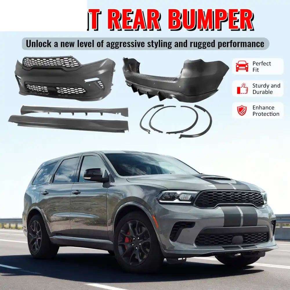 2021-2025 Dodge Durango Hellcat Style Front Rear Bumper W/V2 Diffuser Front Bumper Cover, Rear Bumper Cover, Side