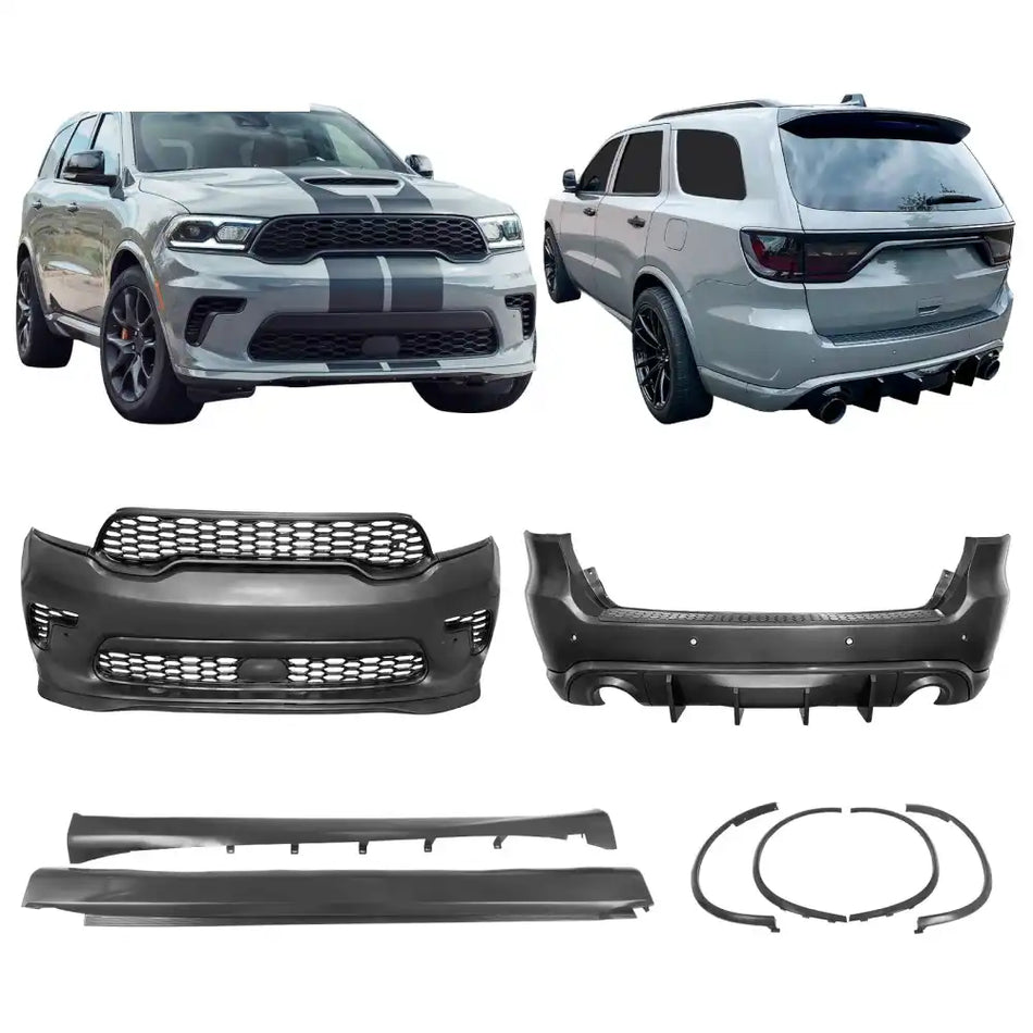 2021-2025 Dodge Durango Hellcat Style Front Rear Bumper W/V2 Diffuser Front Bumper Cover, Rear Bumper Cover, Side