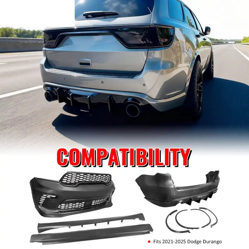 2021-2025 Dodge Durango Hellcat Style Front Rear Bumper W/V2 Diffuser Front Bumper Cover, Rear Bumper Cover, Side