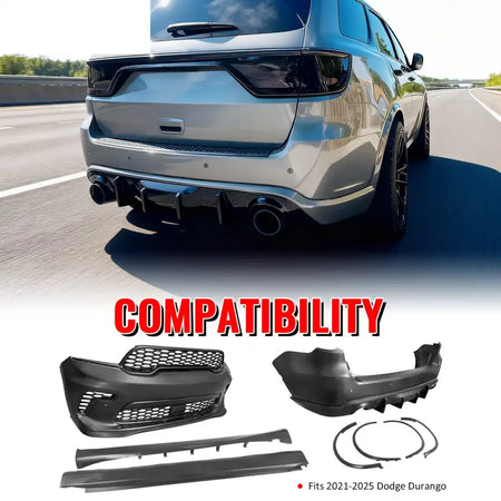 2021-2025 Dodge Durango Hellcat Style Front Rear Bumper W/V2 Diffuser Front Bumper Cover, Rear Bumper Cover, Side