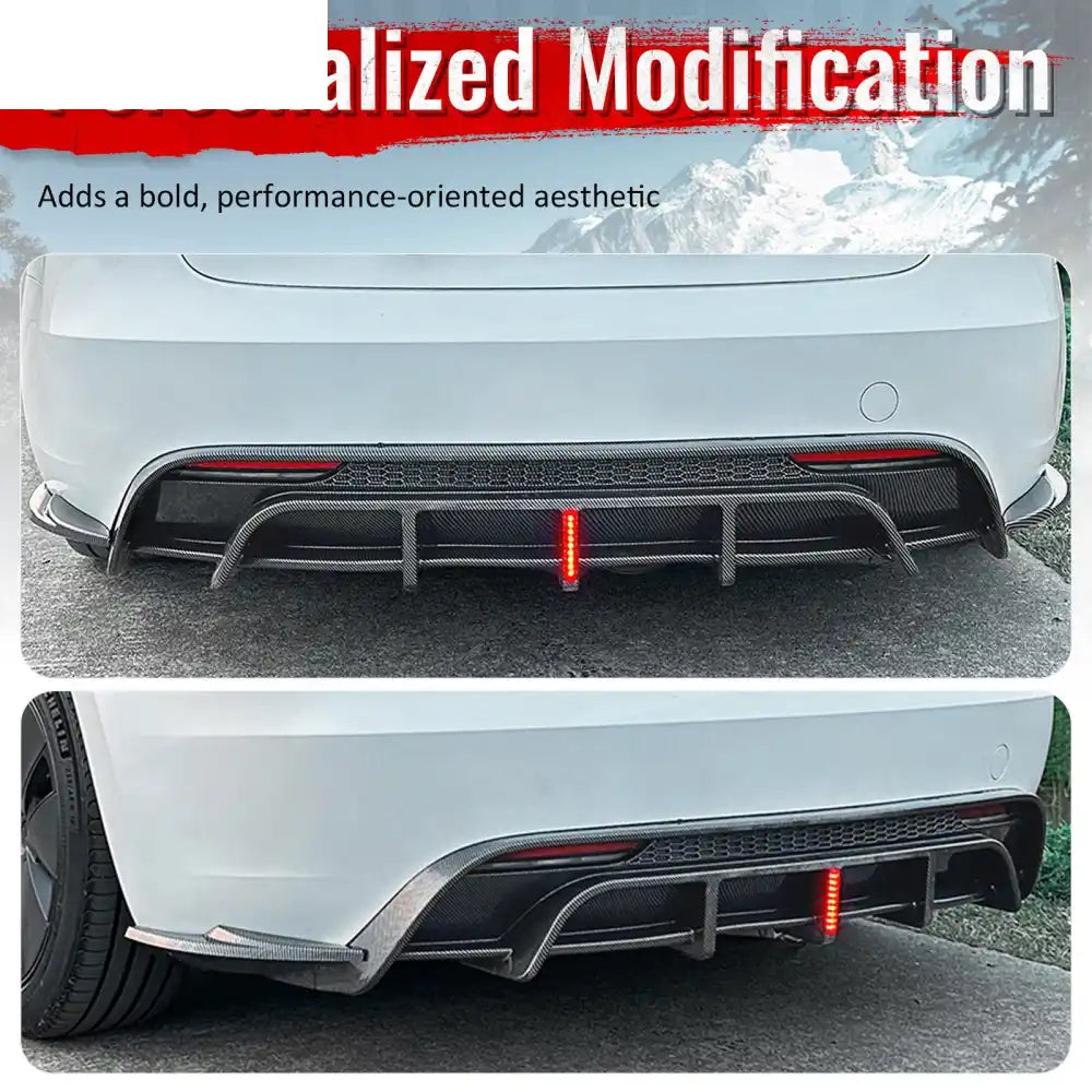 2024-2026 Tesla Model 3 5PCS Rear Bumper Lip Diffuser W/LED Light Lower Valance Exterior Auto Parts Painted Carbon
