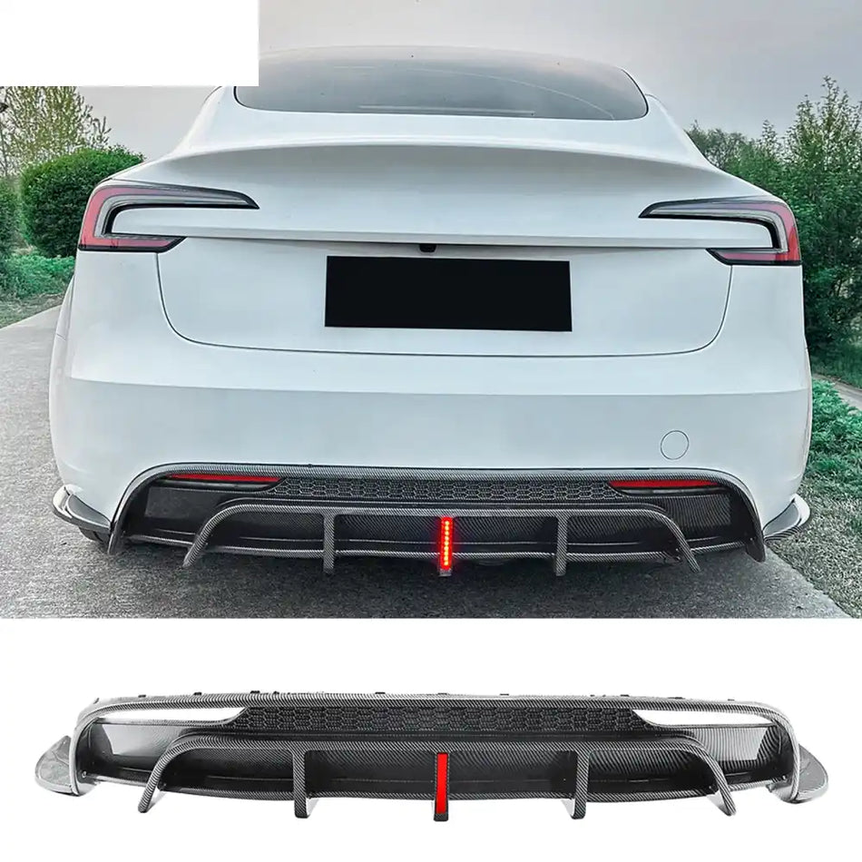 2024-2026 Tesla Model 3 5PCS Rear Bumper Lip Diffuser W/LED Light Lower Valance Exterior Auto Parts Painted Carbon