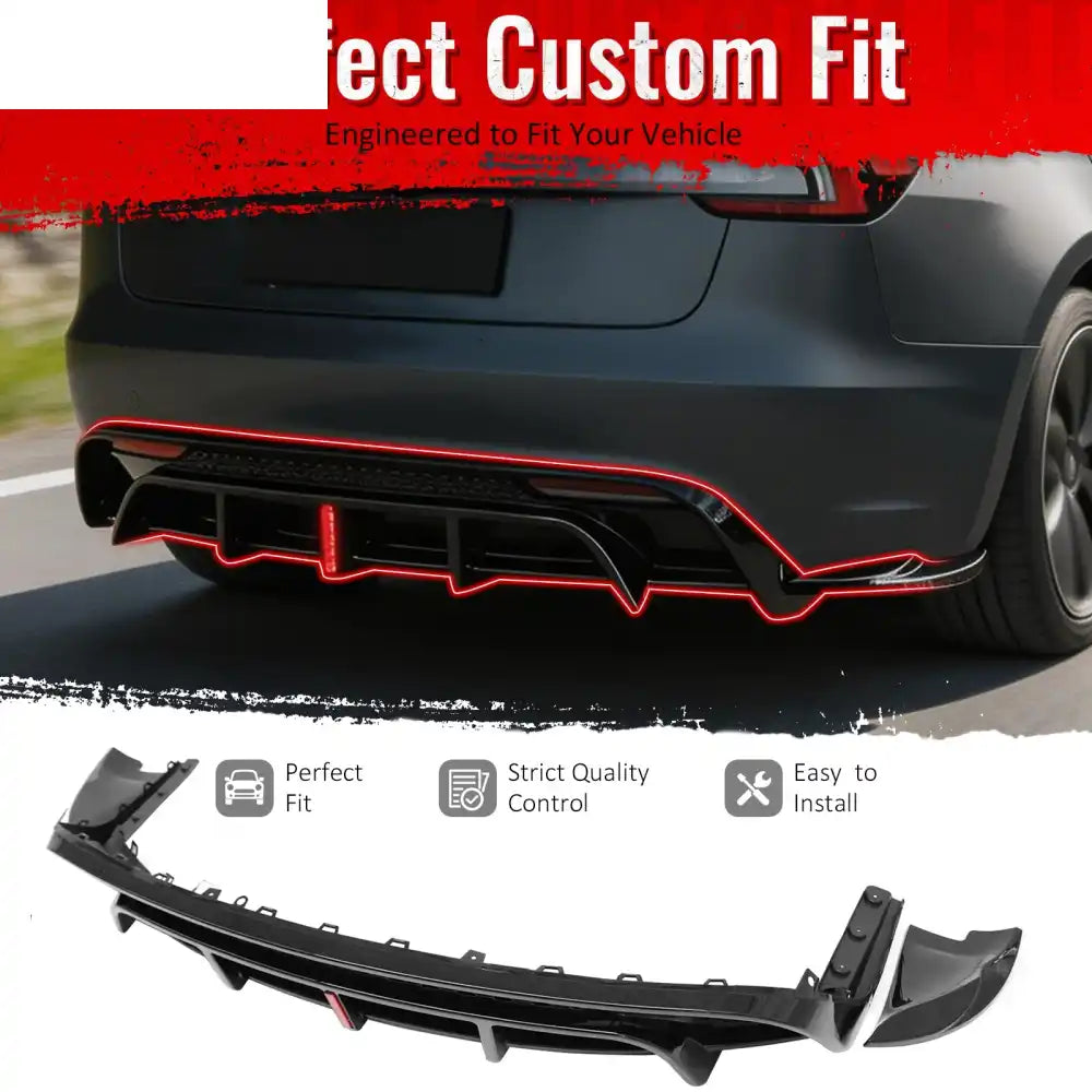 2024-2026 Tesla Model 3 5PCS Rear Bumper Lip Diffuser W/LED Light Lower Valance Exterior Auto Parts Painted Gloss Black