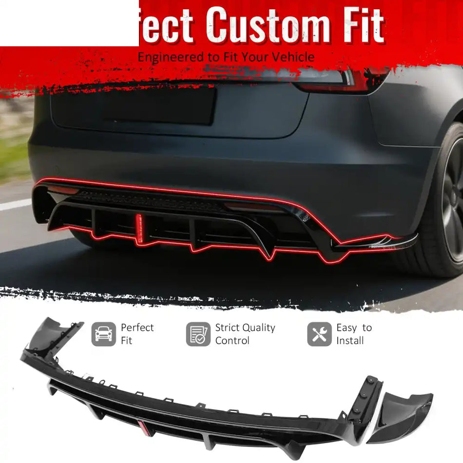 2024-2026 Tesla Model 3 5PCS Rear Bumper Lip Diffuser W/LED Light Lower Valance Exterior Auto Parts Painted Gloss Black