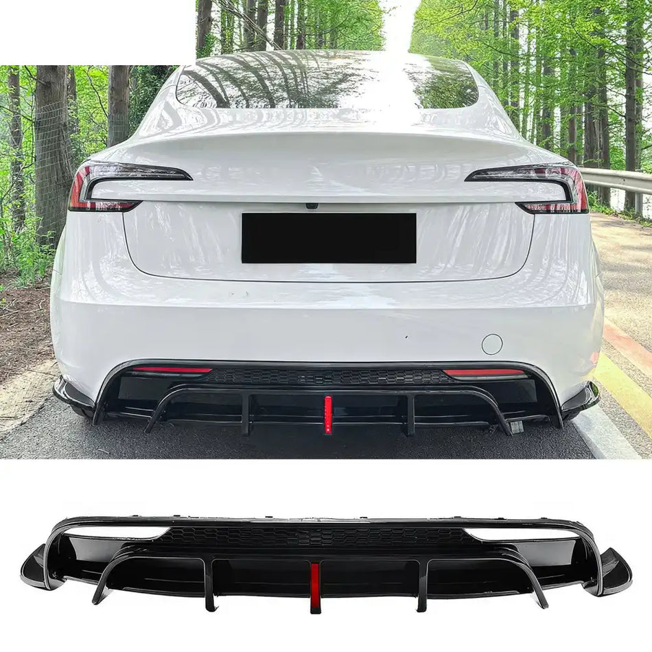 2024-2026 Tesla Model 3 5PCS Rear Bumper Lip Diffuser W/LED Light Lower Valance Exterior Auto Parts Painted Gloss Black