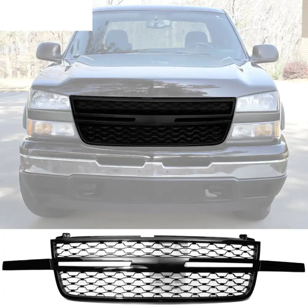 Car Grill for 2005-2007 Chevy Silverado 1500 2500HD 3500 Mesh Style Grille Gloss Black