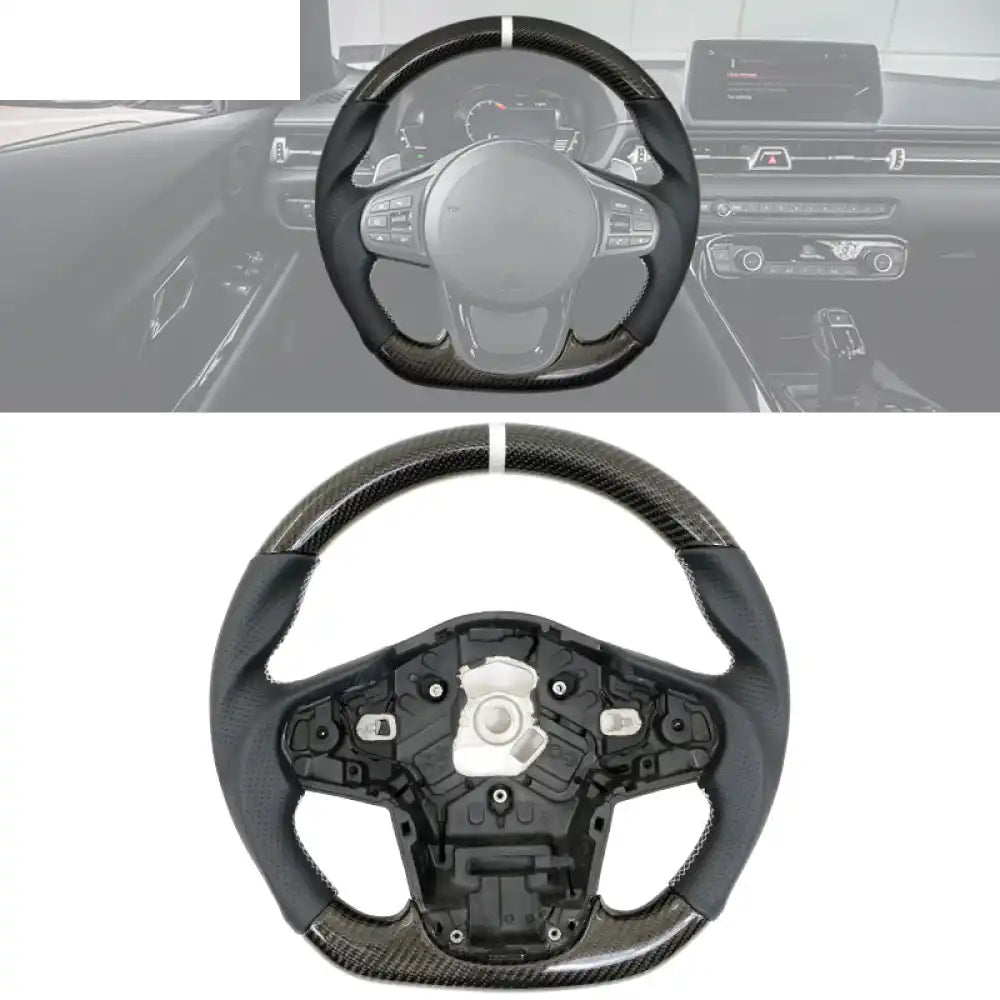 Carbon Fiber Steering Wheel for 2020-2026 Toyota Supra Black With White Stitch & Indicator