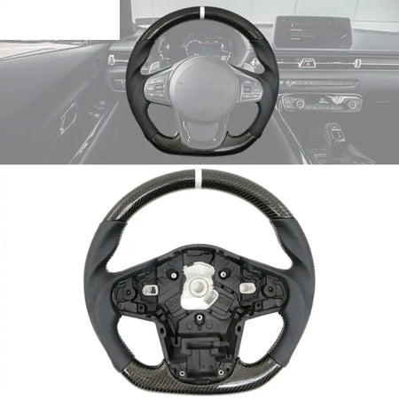 Carbon Fiber Steering Wheel for 2020-2026 Toyota Supra Black With White Stitch & Indicator