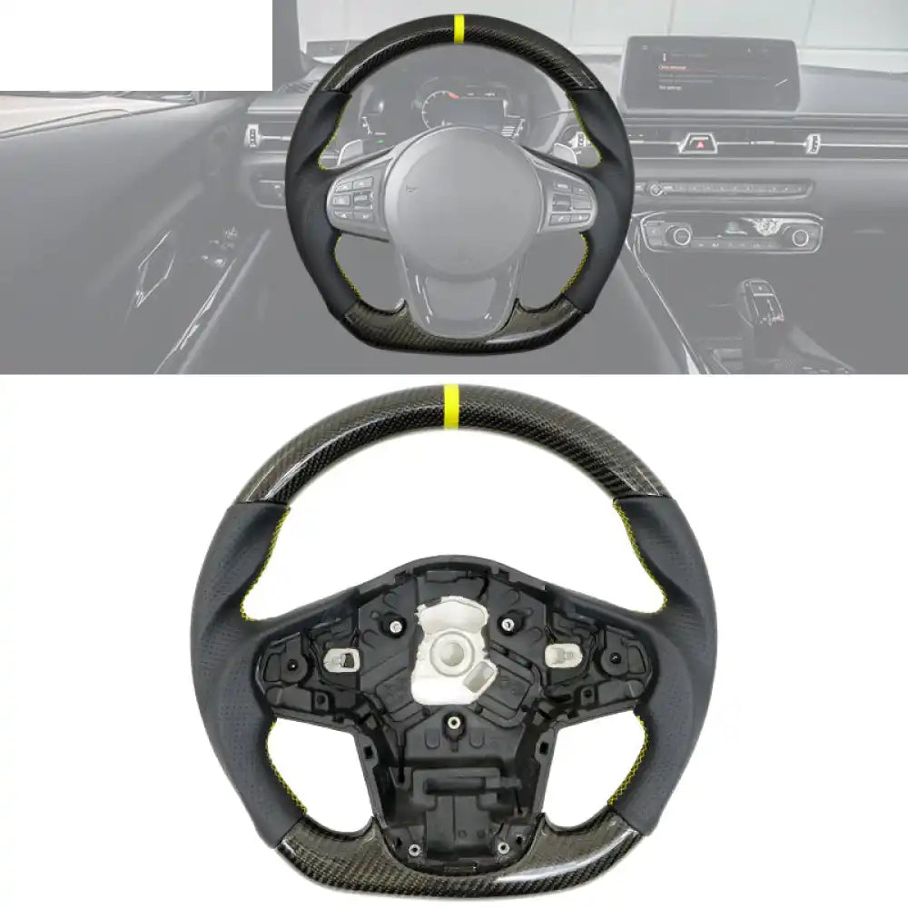Carbon Fiber Steering Wheel for 2020-2026 Toyota Supra Black With Yellow Stitch & Indicator