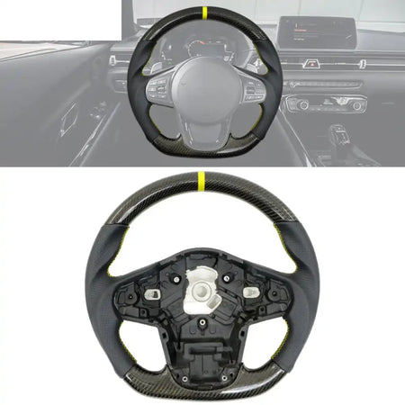 Carbon Fiber Steering Wheel for 2020-2026 Toyota Supra Black With Yellow Stitch & Indicator