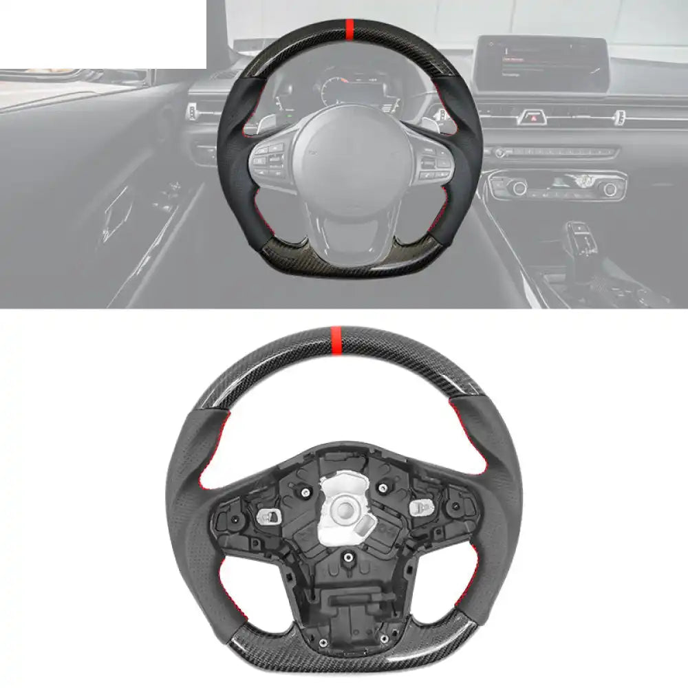 Carbon Fiber Steering Wheel for 2020-2026 Toyota Supra Leather with Red Stitch and Stripe
