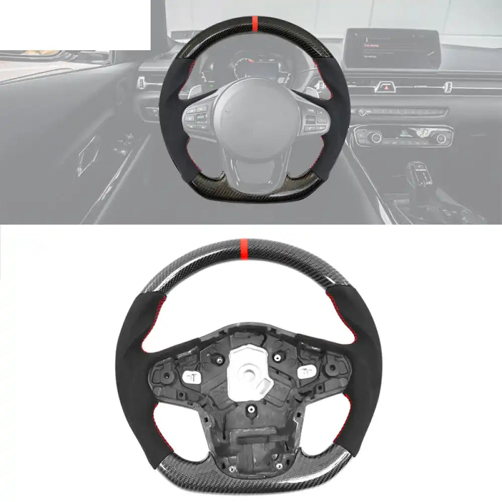 Carbon Fiber Steering Wheel for 2020-2026 Toyota Supra Synthetic Suede with Red Stitch and Stripe