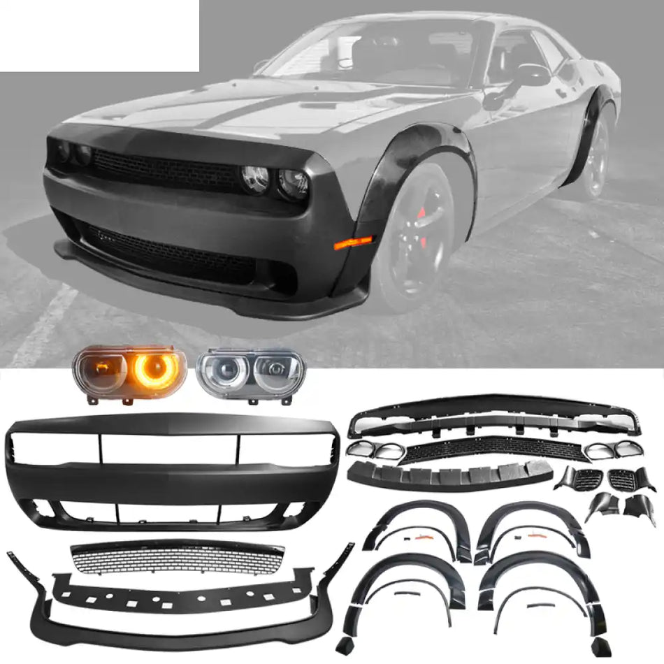 Fits 08-14 Challenger Front Bumper + Lip + Fender Flares + Headlights