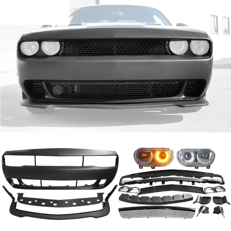Fits 08-14 Dodge Challenger Front Bumper & SRT Front Lip & Headlights