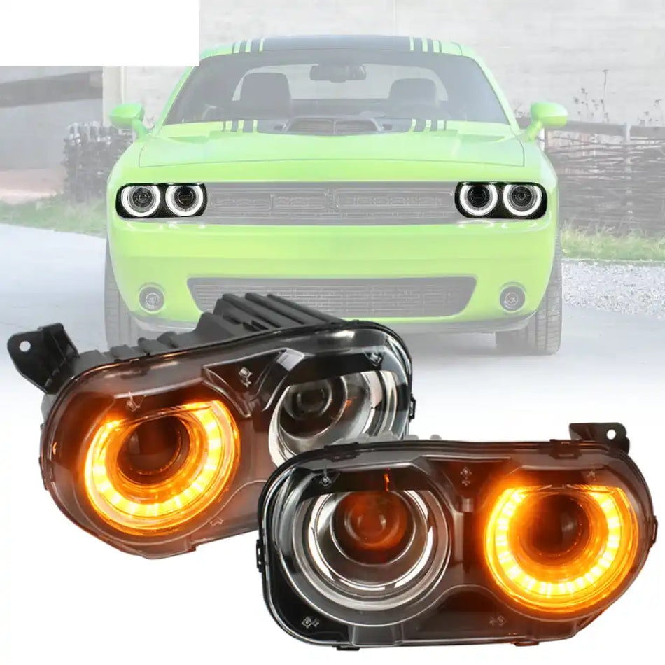 Fits 15-23 Dodge Challenger Sequential LED Halo DRL Headlights