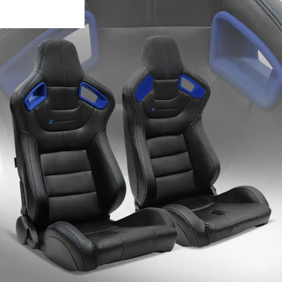 Universal Color Bezel Racing Seat Dual Slider PU Carbon Leather Black, Blue Bezel + Blue Stitch