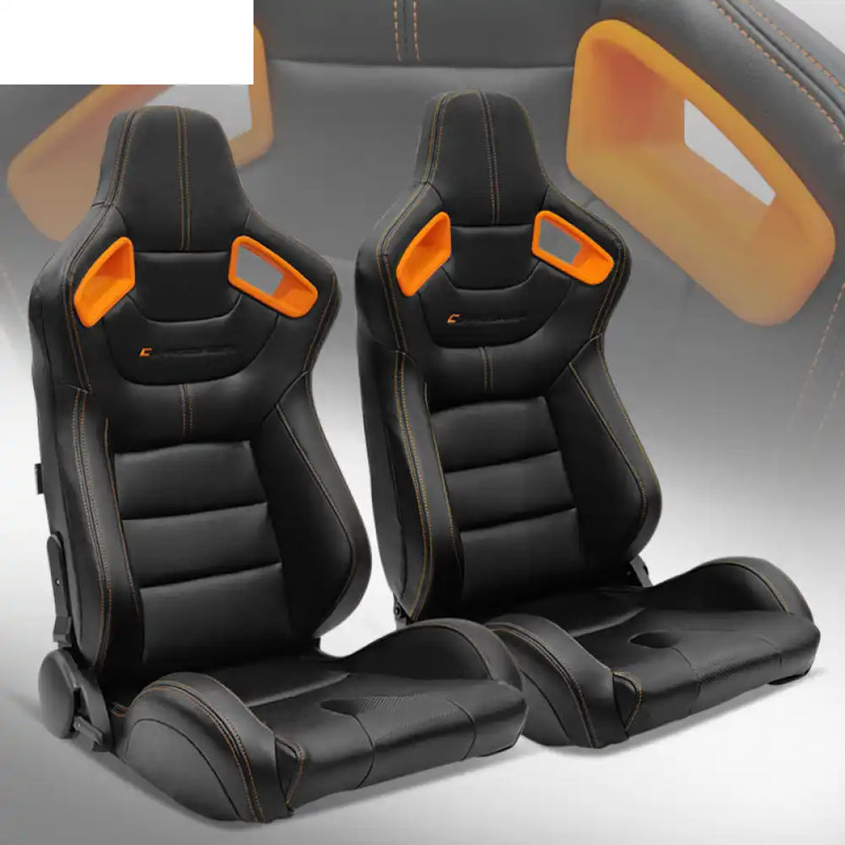 Universal Color Bezel Racing Seat Dual Slider PU Carbon Leather Black, Orange Bezel + Orange Stitch