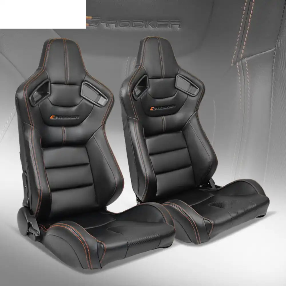 Universal Color Bezel Racing Seat Dual Slider PU Carbon Leather Black + Orange Stitch / Front:PU + Carbon