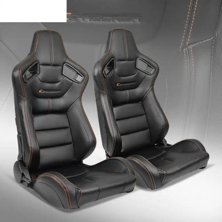 Universal Color Bezel Racing Seat Dual Slider PU Carbon Leather Black + Orange Stitch / Front:PU + Carbon