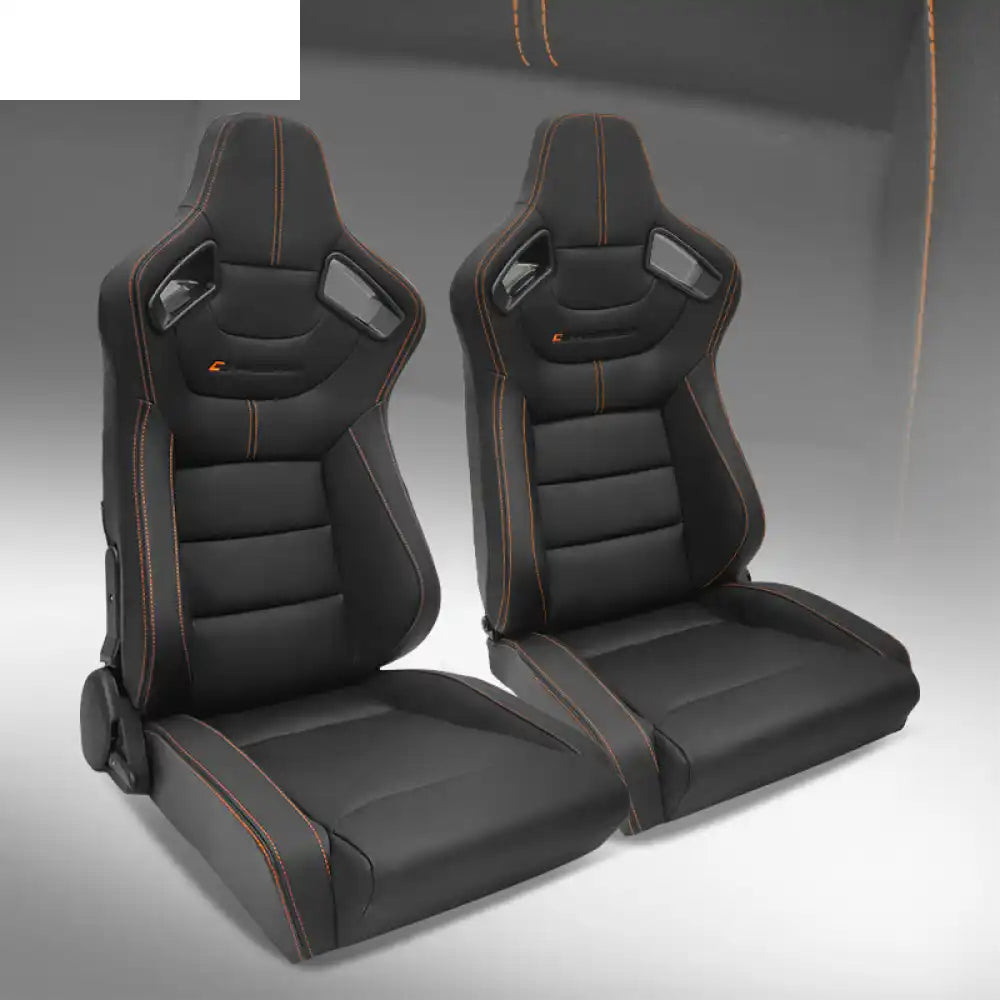 Universal Color Bezel Racing Seat Dual Slider PU Carbon Leather Black + Orange Stitch + Wider Seat / Front:PU + Carbon