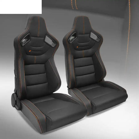 Universal Color Bezel Racing Seat Dual Slider PU Carbon Leather Black + Orange Stitch + Wider Seat / Front:PU + Carbon