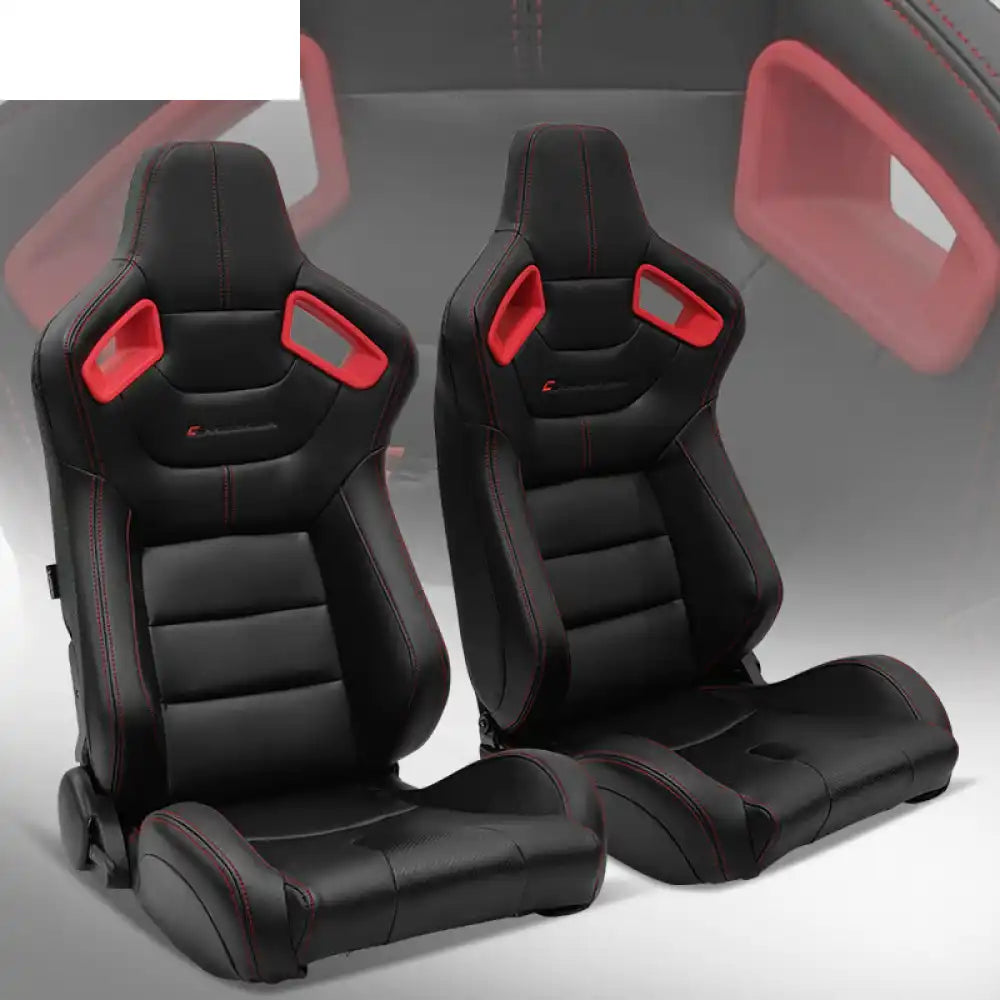 Universal Color Bezel Racing Seat Dual Slider PU Carbon Leather Black, Red Bezel + Red Stitch