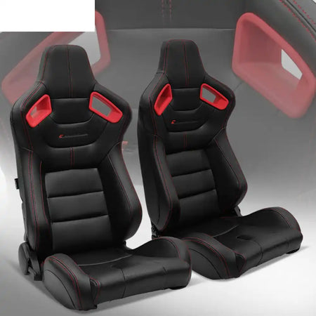 Universal Color Bezel Racing Seat Dual Slider PU Carbon Leather Black, Red Bezel + Red Stitch
