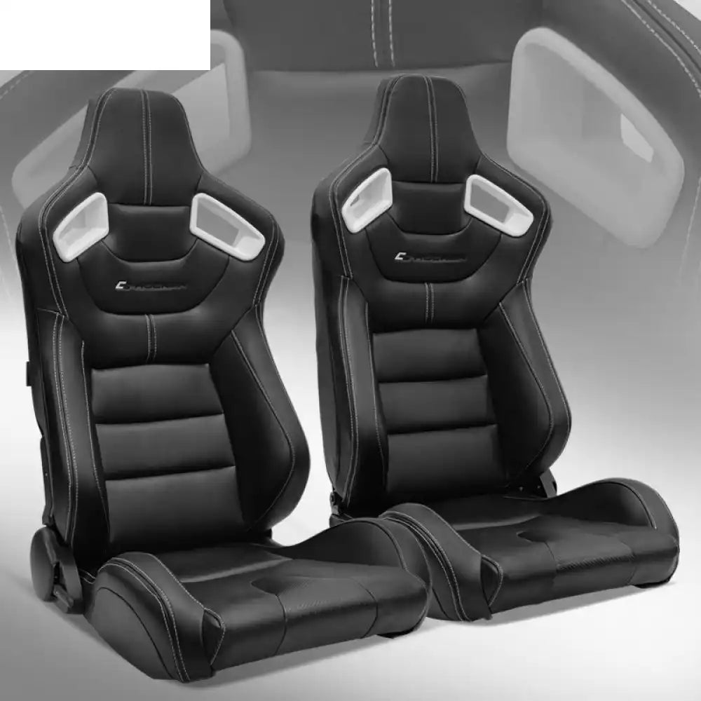 Universal Color Bezel Racing Seat Dual Slider PU Carbon Leather Black, White Bezel + White Stitch
