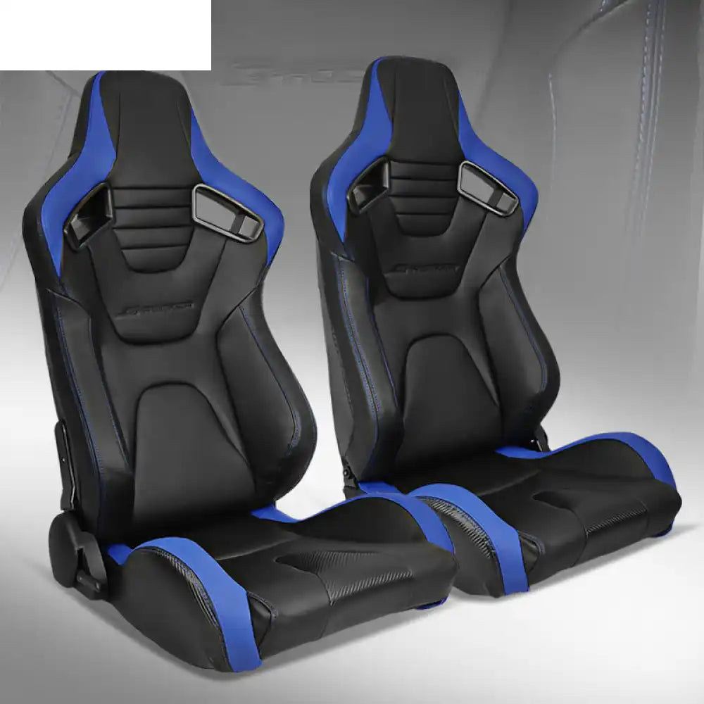 Universal Pair Reclinable Racing Seat with Dual Slider Black with Blue Stitch + Blue Stripe / Front:PU + Carbon