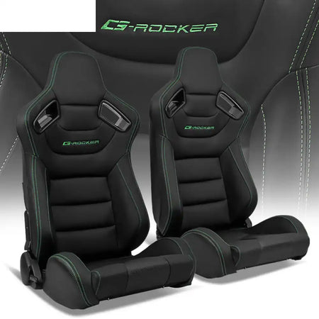 Universal Pair Reclinable Racing Seat with Dual Slider Black + Green Stitch / Front:PU Leather,Back:Carbon Leather
