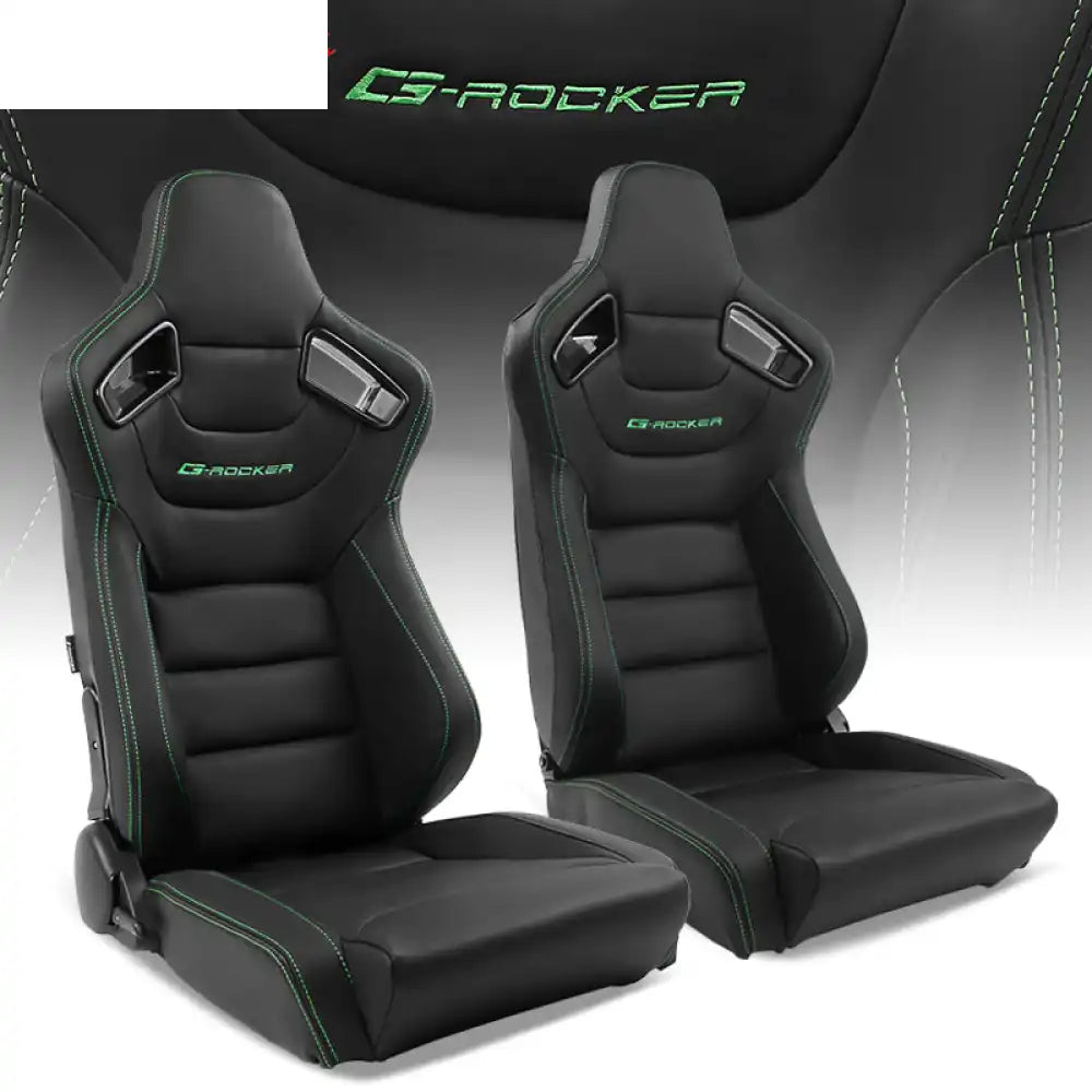 Universal Pair Reclinable Racing Seat with Dual Slider Black + Green Stitch / PU