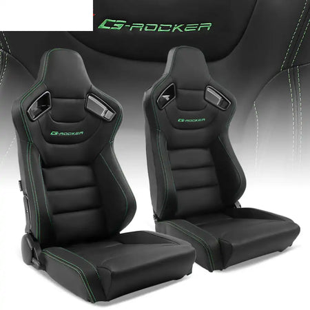 Universal Pair Reclinable Racing Seat with Dual Slider Black + Green Stitch / PU