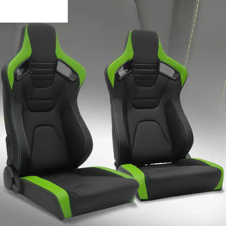 Universal Pair Reclinable Racing Seat with Dual Slider Black with Green Stitch + Green Stripe B Style / Front:PU