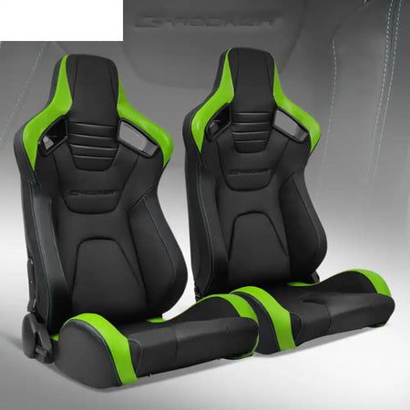 Universal Pair Reclinable Racing Seat with Dual Slider Black with Green Stitch + Green Stripe / Front:PU + Carbon