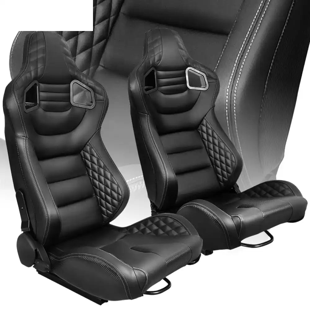 Universal Pair Reclinable Racing Seat with Dual Slider Black + Grey Stitch / Front:PU Leather,Back:Carbon Leather