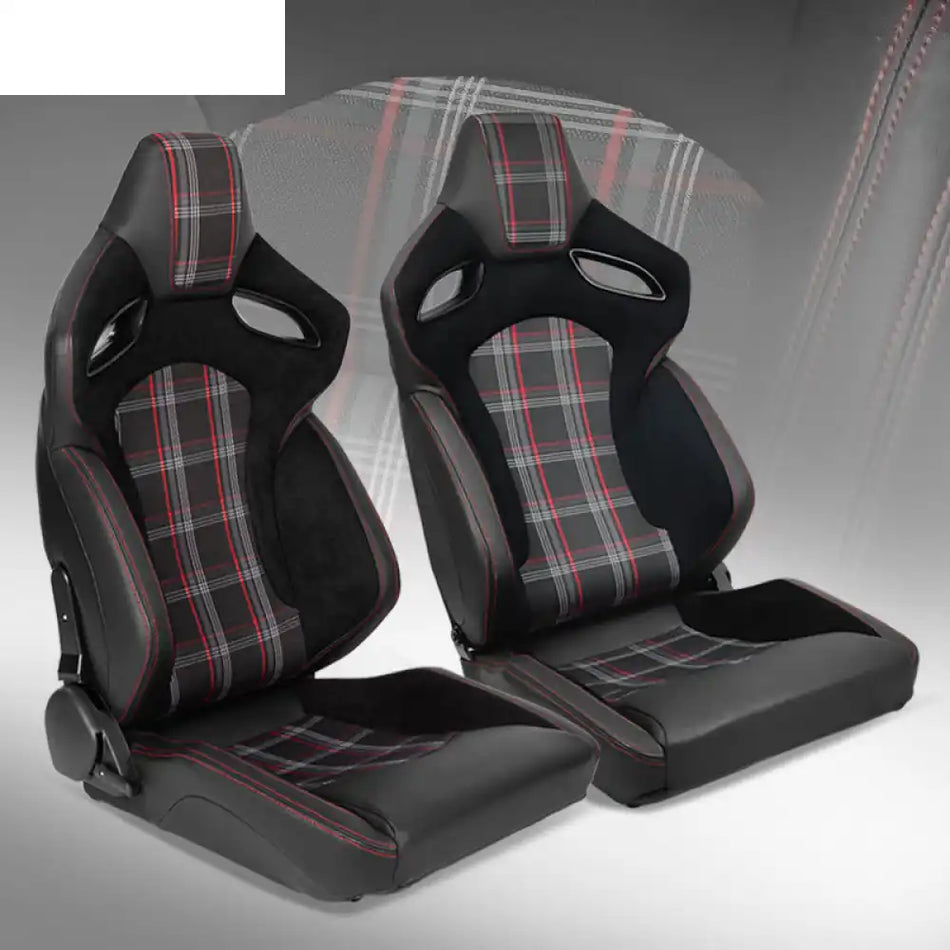 Universal Pair Reclinable Racing Seat with Dual Slider Black PU & Carbon Leather + Suede + Red Plaid