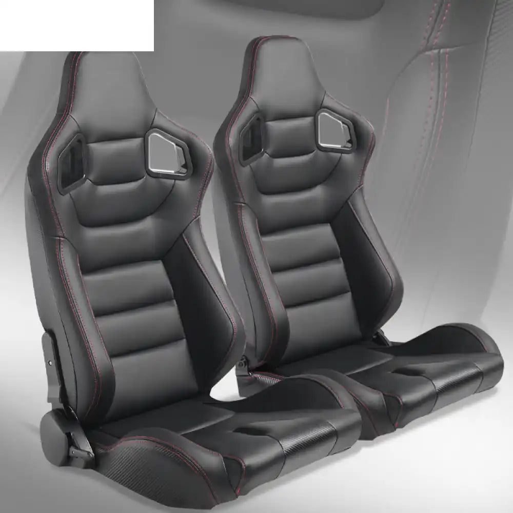 Universal Pair Reclinable Racing Seat with Dual Slider Black + Red Stitch / Front:PU Leather,Back:Carbon Leather