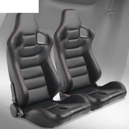 Universal Pair Reclinable Racing Seat with Dual Slider Black + Red Stitch / Front:PU Leather,Back:Carbon Leather