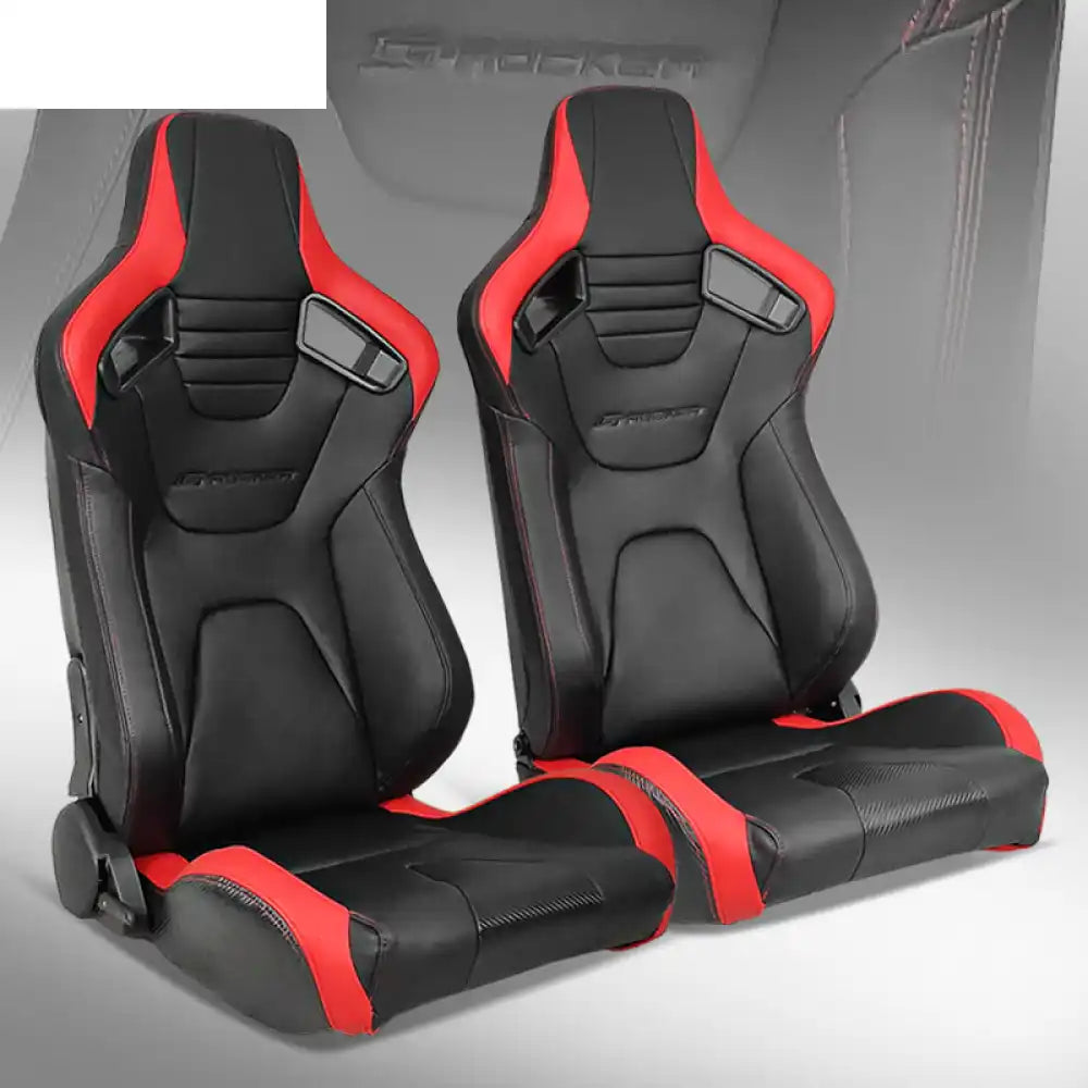 Universal Pair Reclinable Racing Seat with Dual Slider Black with Red Stitch + Red Stripe / Front:PU + Carbon