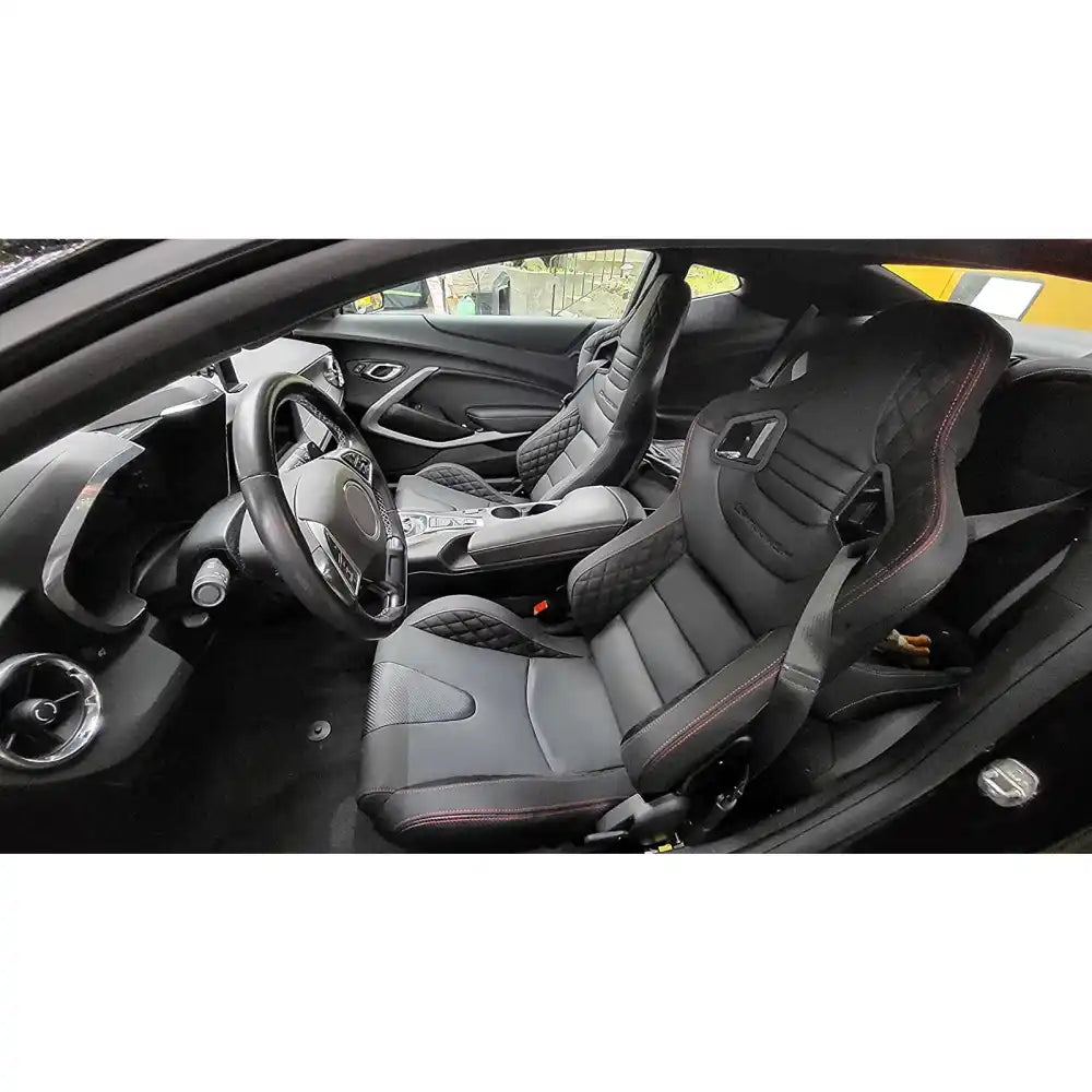 Universal Pair Reclinable Racing Seat with Dual Slider Black + Red Stitch / Suede