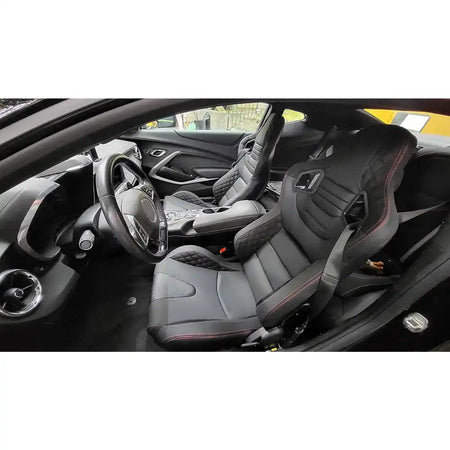 Universal Pair Reclinable Racing Seat with Dual Slider Black + Red Stitch / Suede