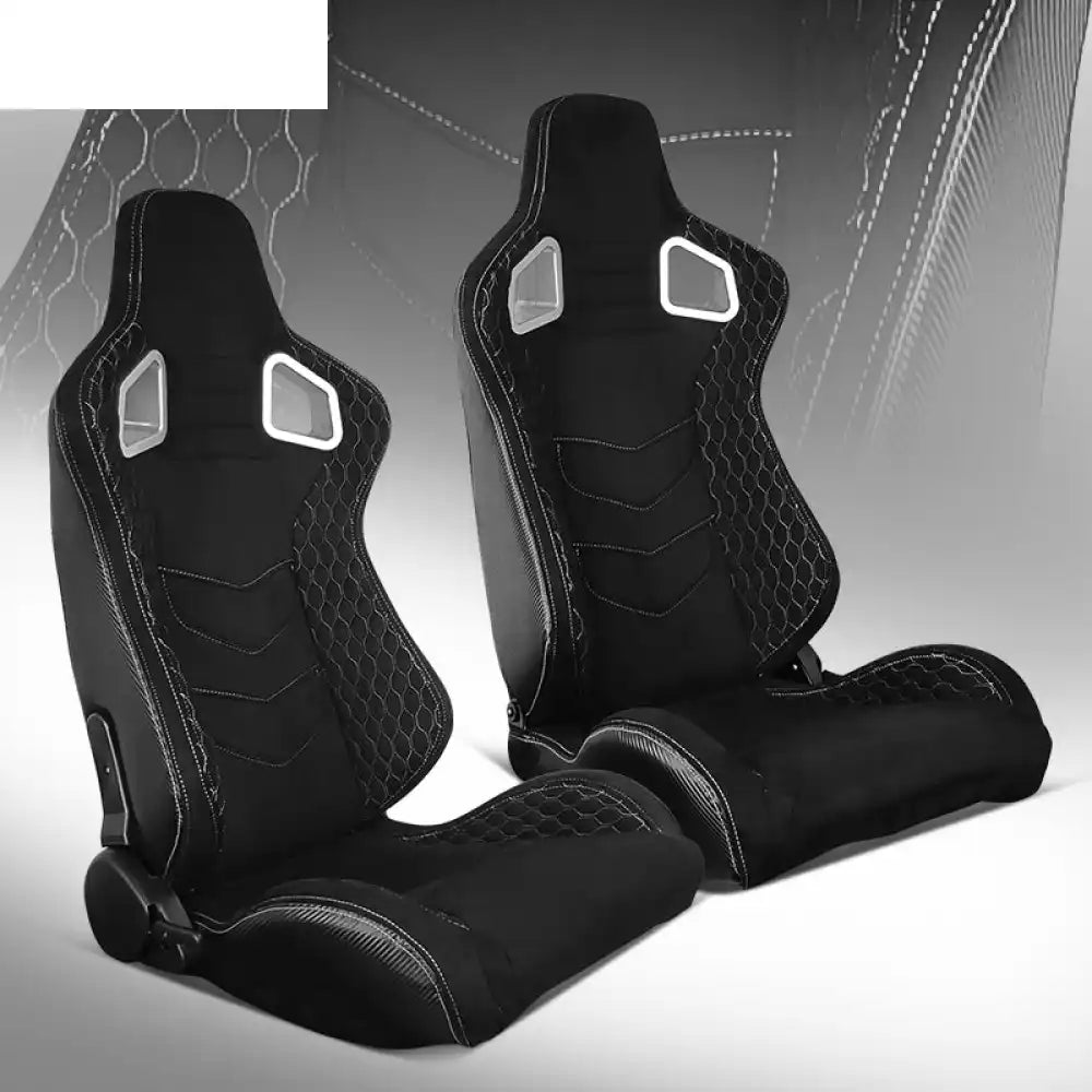 Universal Pair Reclinable Racing Seat with Dual Slider Black Suede + White Stitch / Front:Suede,Back:Carbon Leather