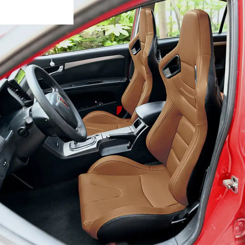 Universal Pair Reclinable Racing Seat with Dual Slider Brown + Black Seat Belt Hole / Front:PU Leather,Back:Carbon