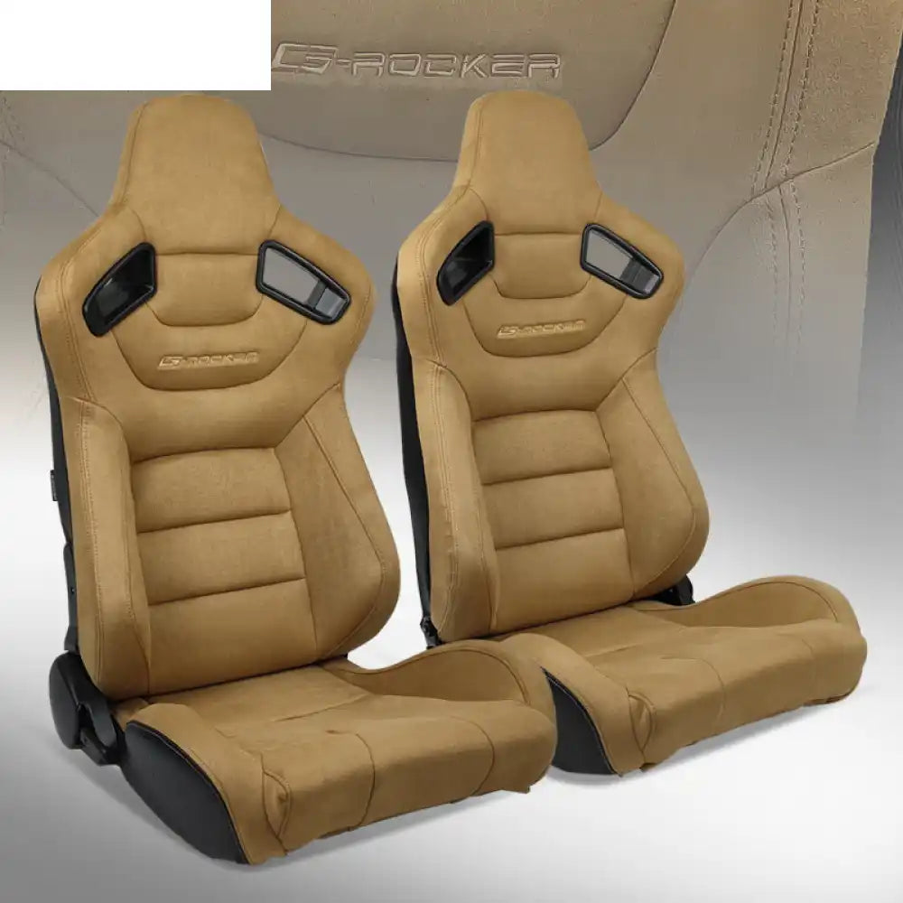 Universal Pair Reclinable Racing Seat with Dual Slider Brown with Small Seat Belt Hole / Front:Suede,Back:Carbon Leather