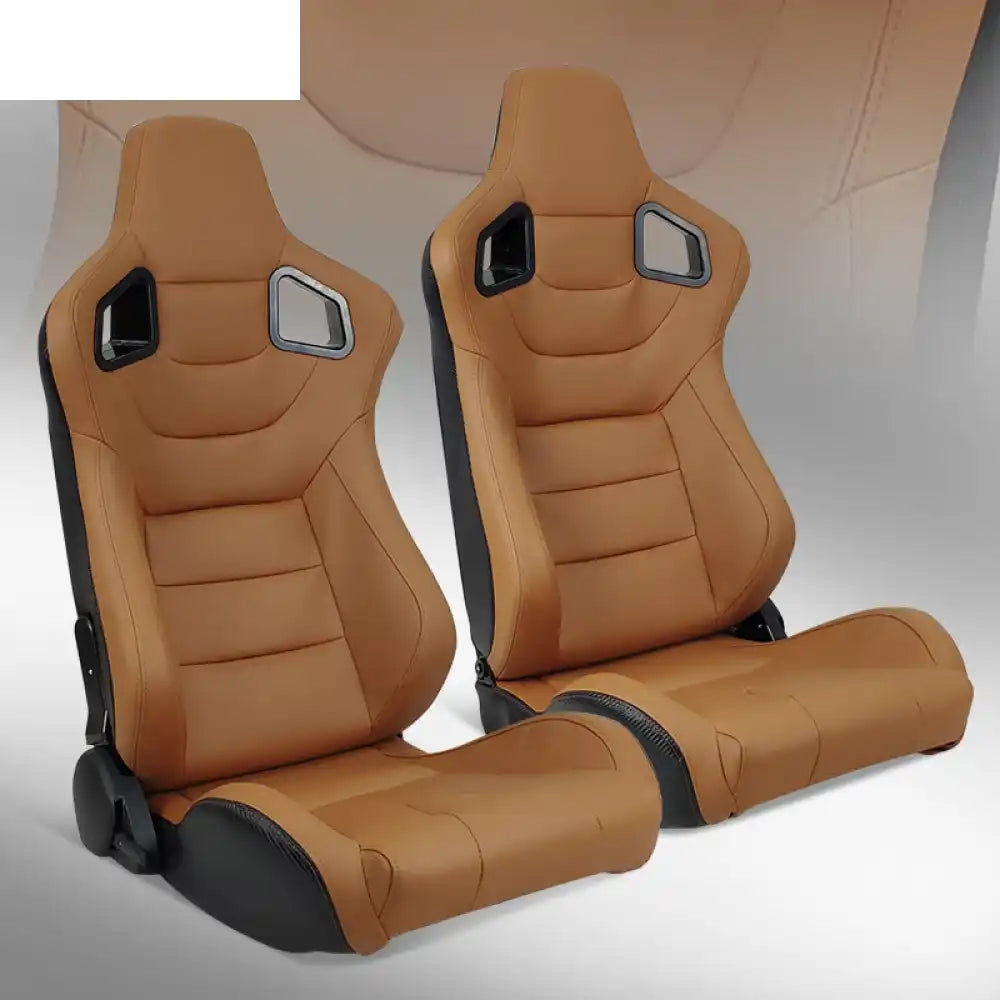 Universal Pair Reclinable Racing Seat with Dual Slider Brown with Brown Stitch / Front:PU Leather,Back:Carbon Leather