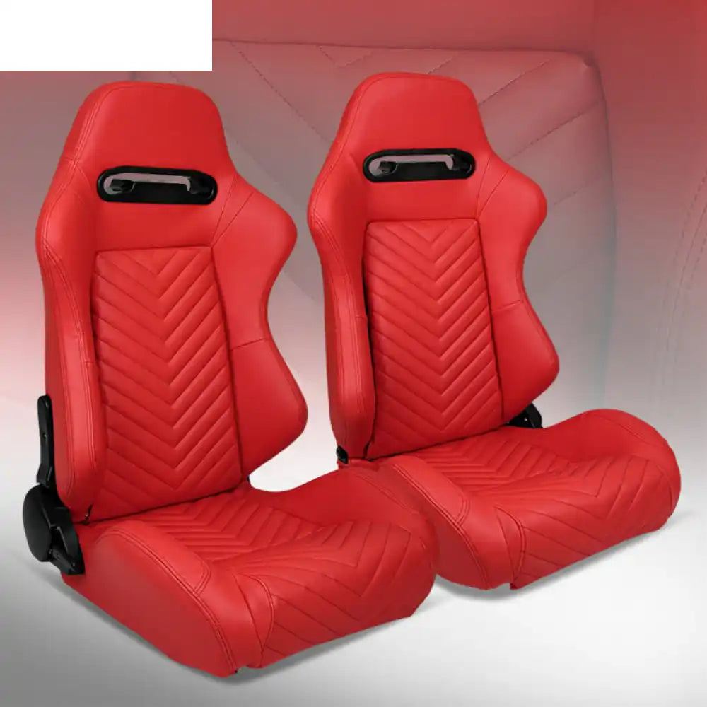Universal Pair Reclinable Racing Seat with Dual Slider Red with V Shape Stitch / PU Leather
