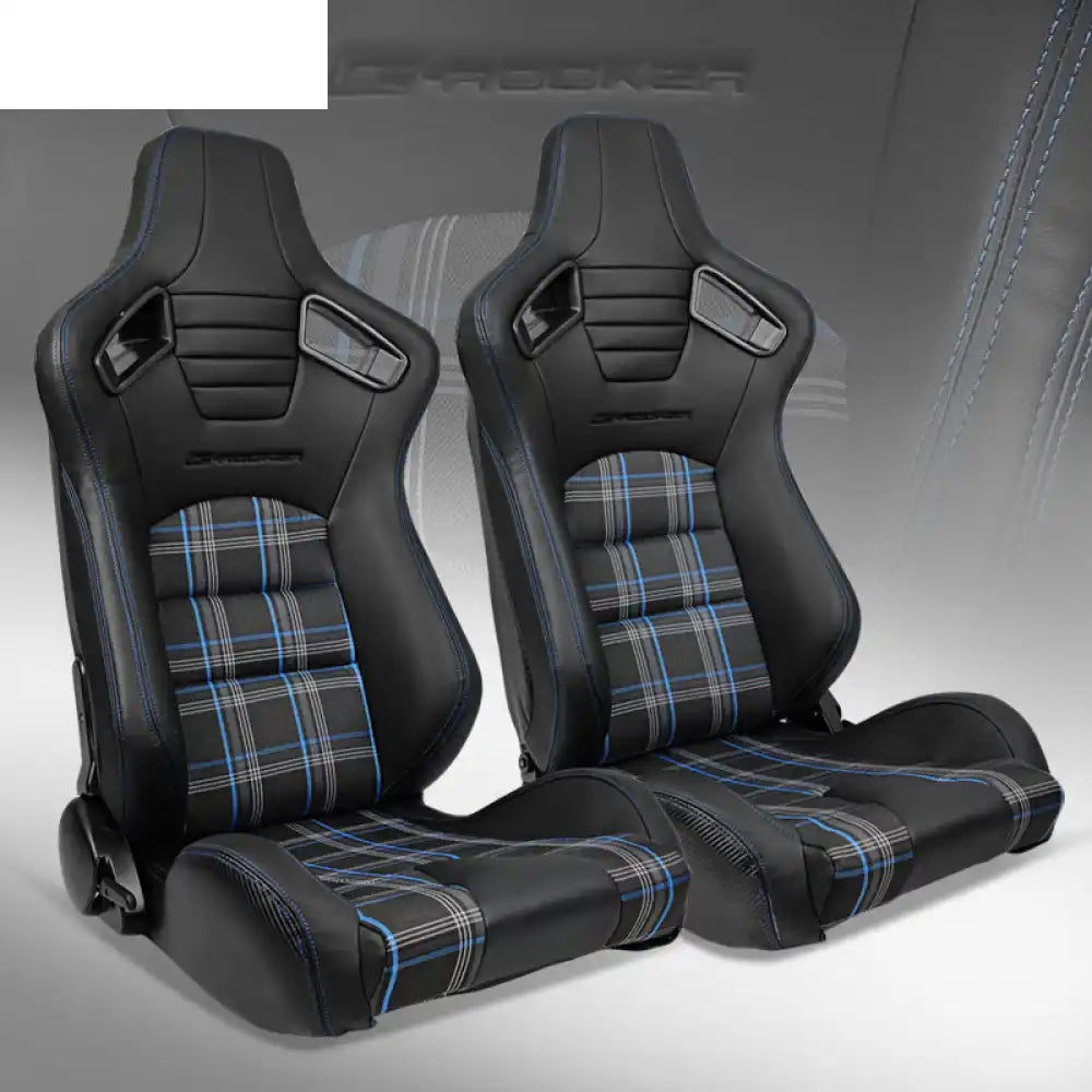 Universal Plaid Racing Seat Dual with Sliders PU Carbon Leather Black + Blue Plaid
